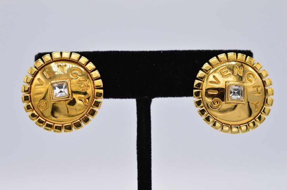 Vintage Givenchy Logo Stud Earrings Block Letter Button Gold Runway Signed 80s